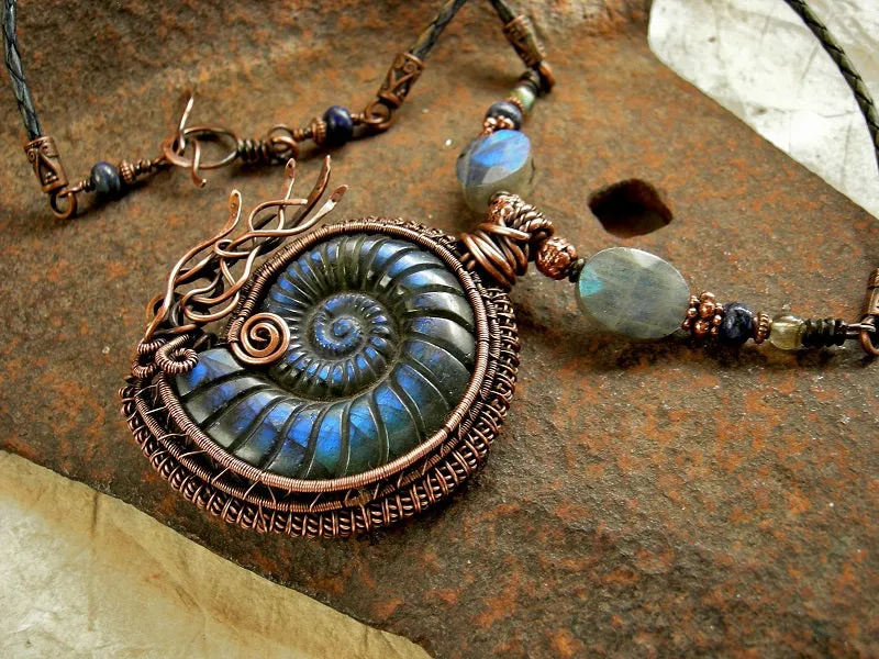 Iridescent Nautilus Necklace, Carved Labradorite, Copper Wire Wrap