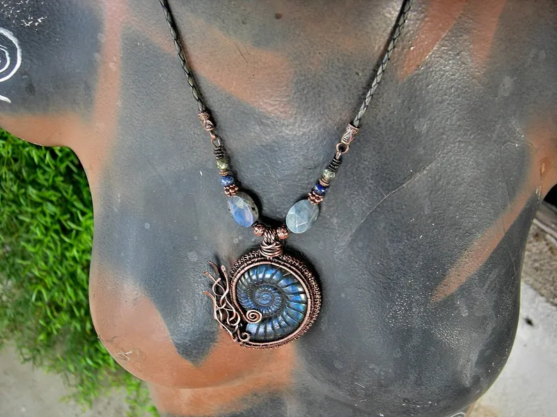 Iridescent Nautilus Necklace, Carved Labradorite, Copper Wire Wrap