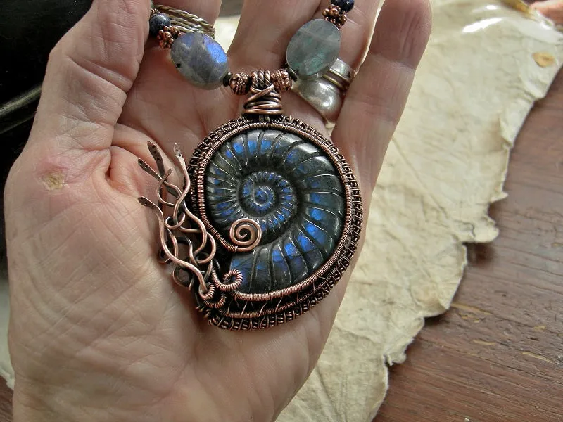 Iridescent Nautilus Necklace, Carved Labradorite, Copper Wire Wrap