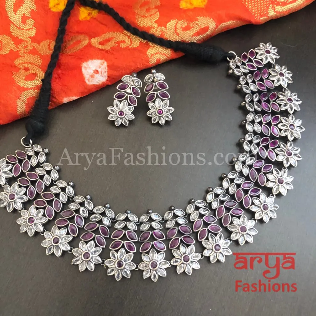 Kishani Oxidized Silver Jaipuri Tribal Necklace with Multicolor beads