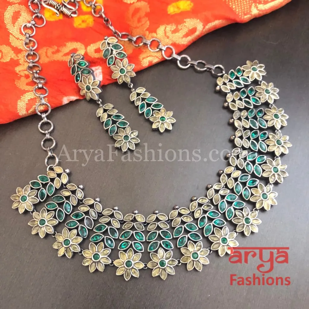 Kishani Oxidized Silver Jaipuri Tribal Necklace with Multicolor beads