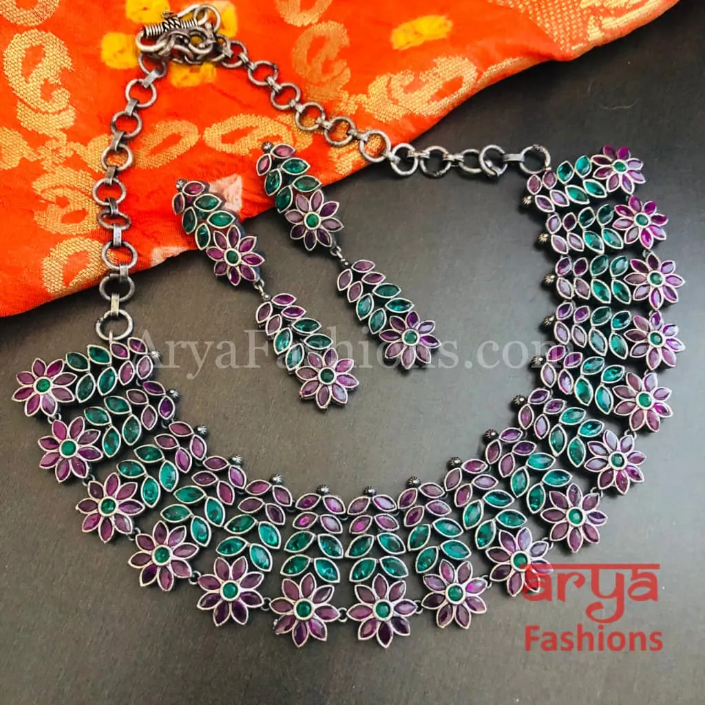 Kishani Oxidized Silver Jaipuri Tribal Necklace with Multicolor beads