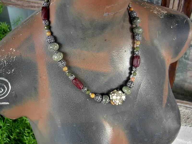 Lichen Green & Silver Necklace, Stone, Handmade Lampwork Glass Focal