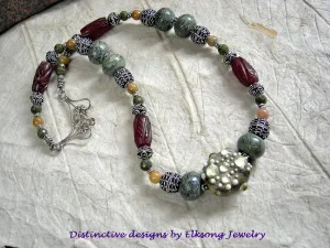 Lichen Green & Silver Necklace, Stone, Handmade Lampwork Glass Focal