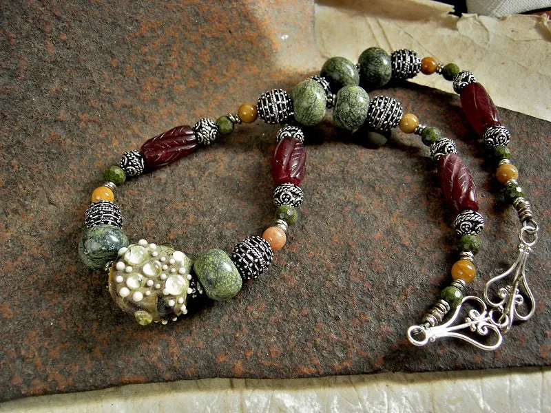 Lichen Green & Silver Necklace, Stone, Handmade Lampwork Glass Focal