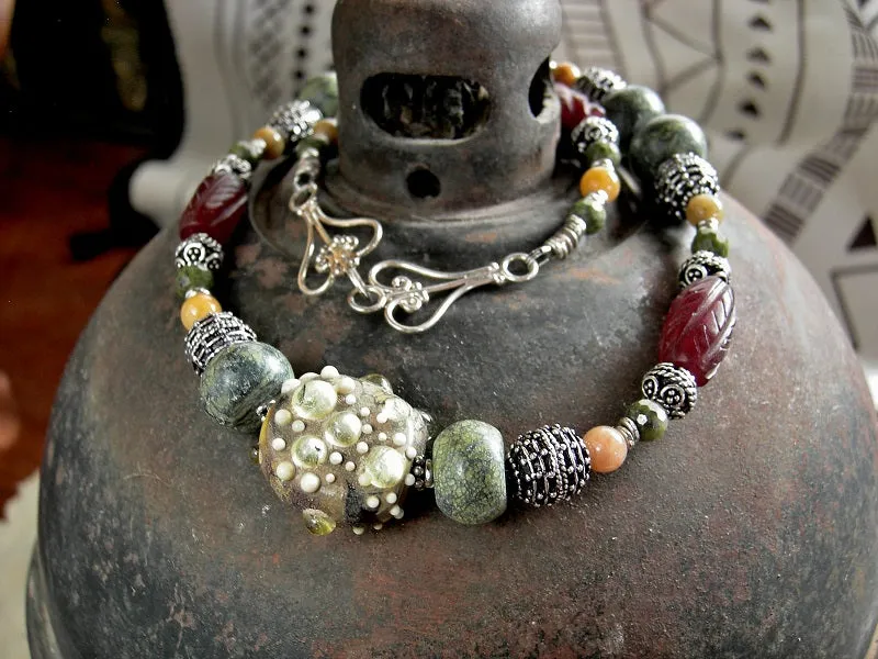 Lichen Green & Silver Necklace, Stone, Handmade Lampwork Glass Focal