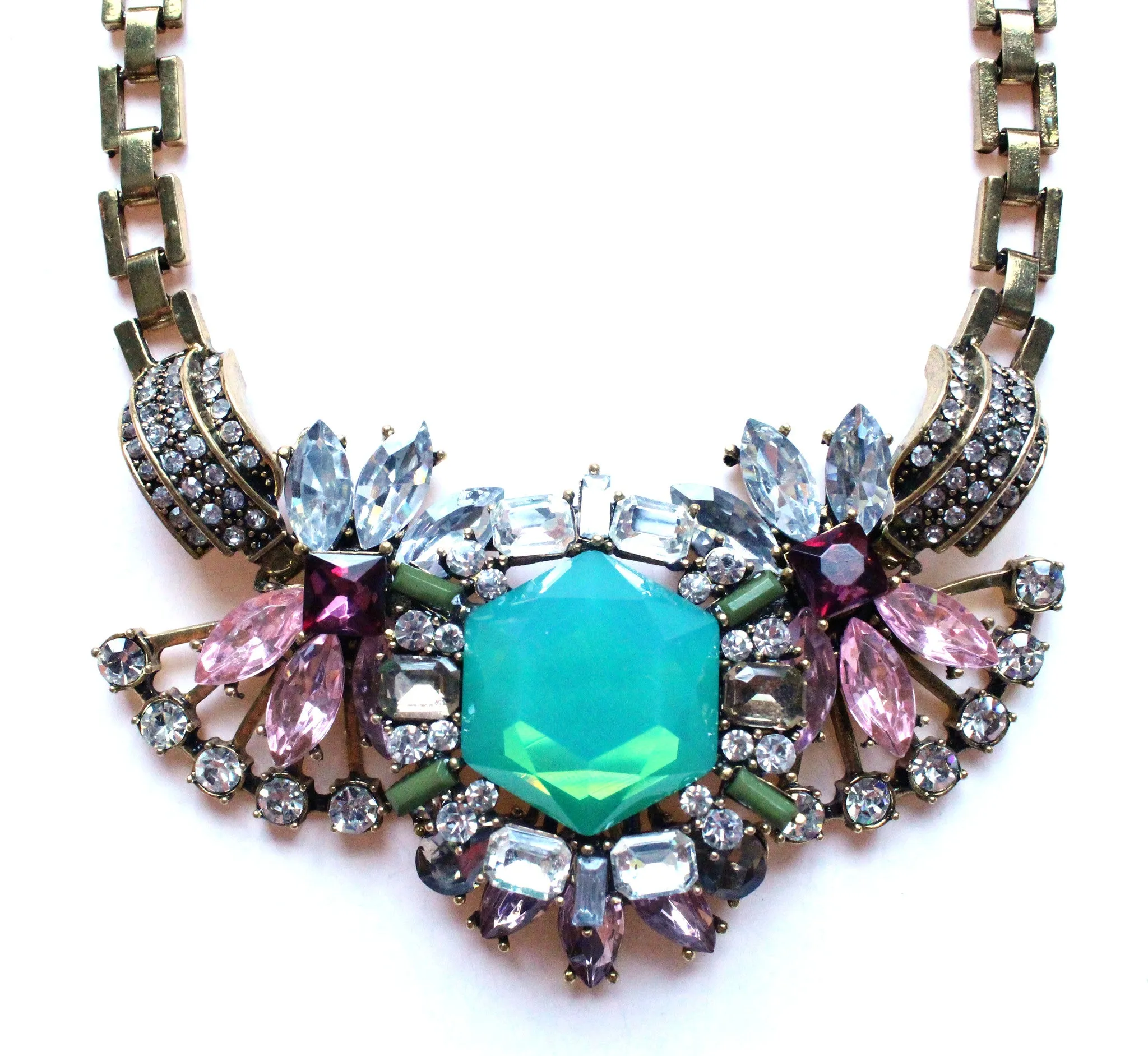 Luxe Crystal Compilation Statement Necklace- Mint & Pink