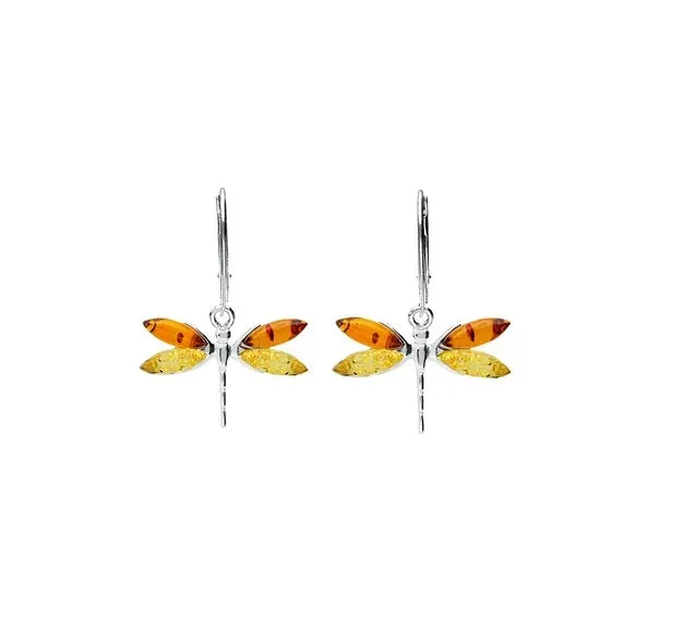 MILENA Earrings Yellow&Cognac Baltic Amber Dragonfly