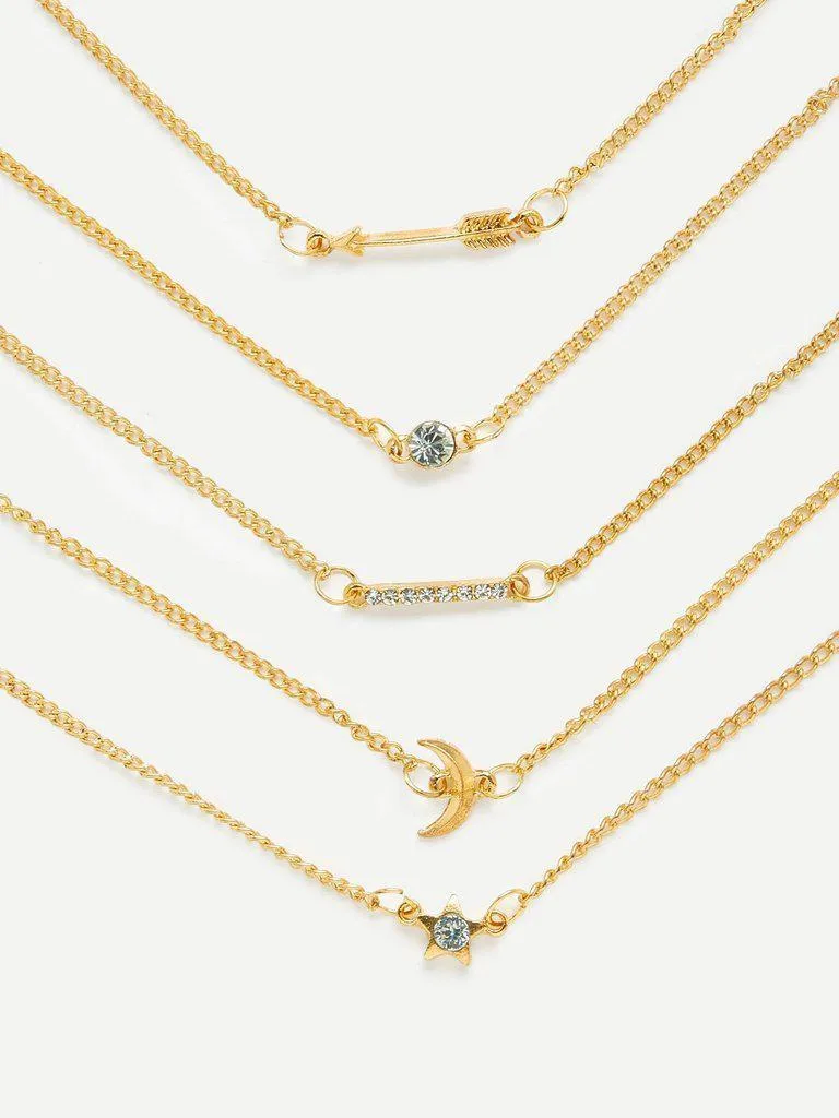 Moon & Star Design Link Bracelet Set With Rhinestone