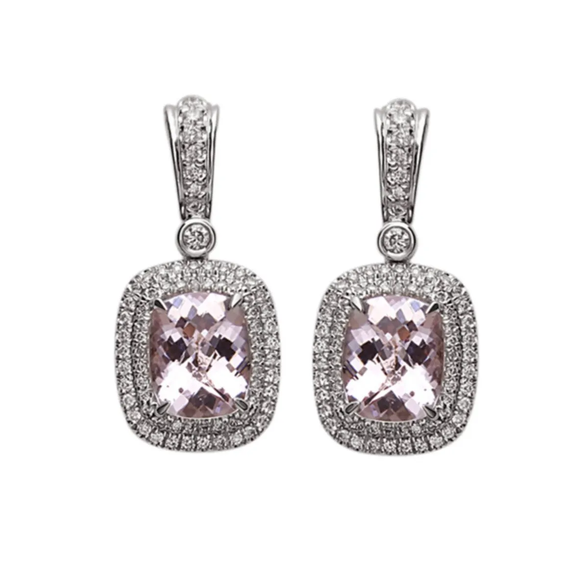 Morganite and Diamond Double Halo Cushion Drop Earrings