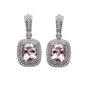 Morganite and Diamond Double Halo Cushion Drop Earrings