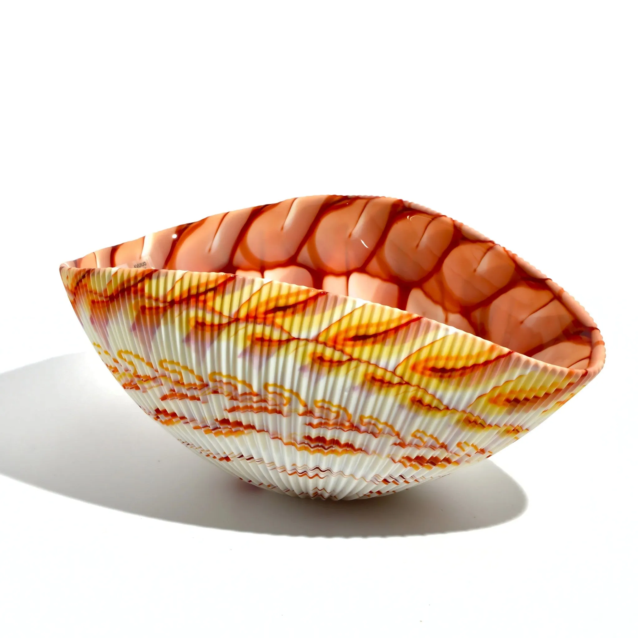Murano Glass 12" Red/Orange Spiderweb Shell Bowl