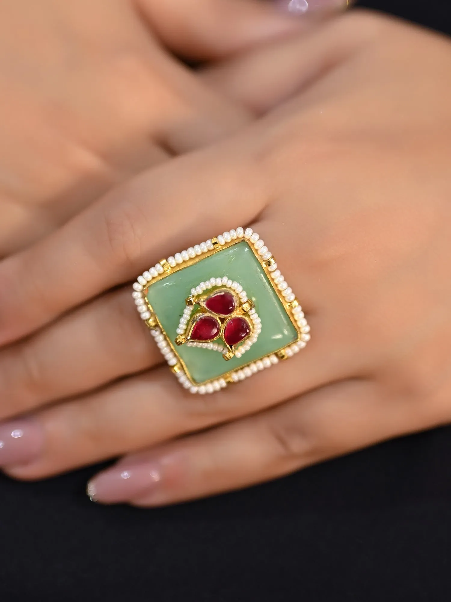 Neeti Kundan Mint Green Stone Ring