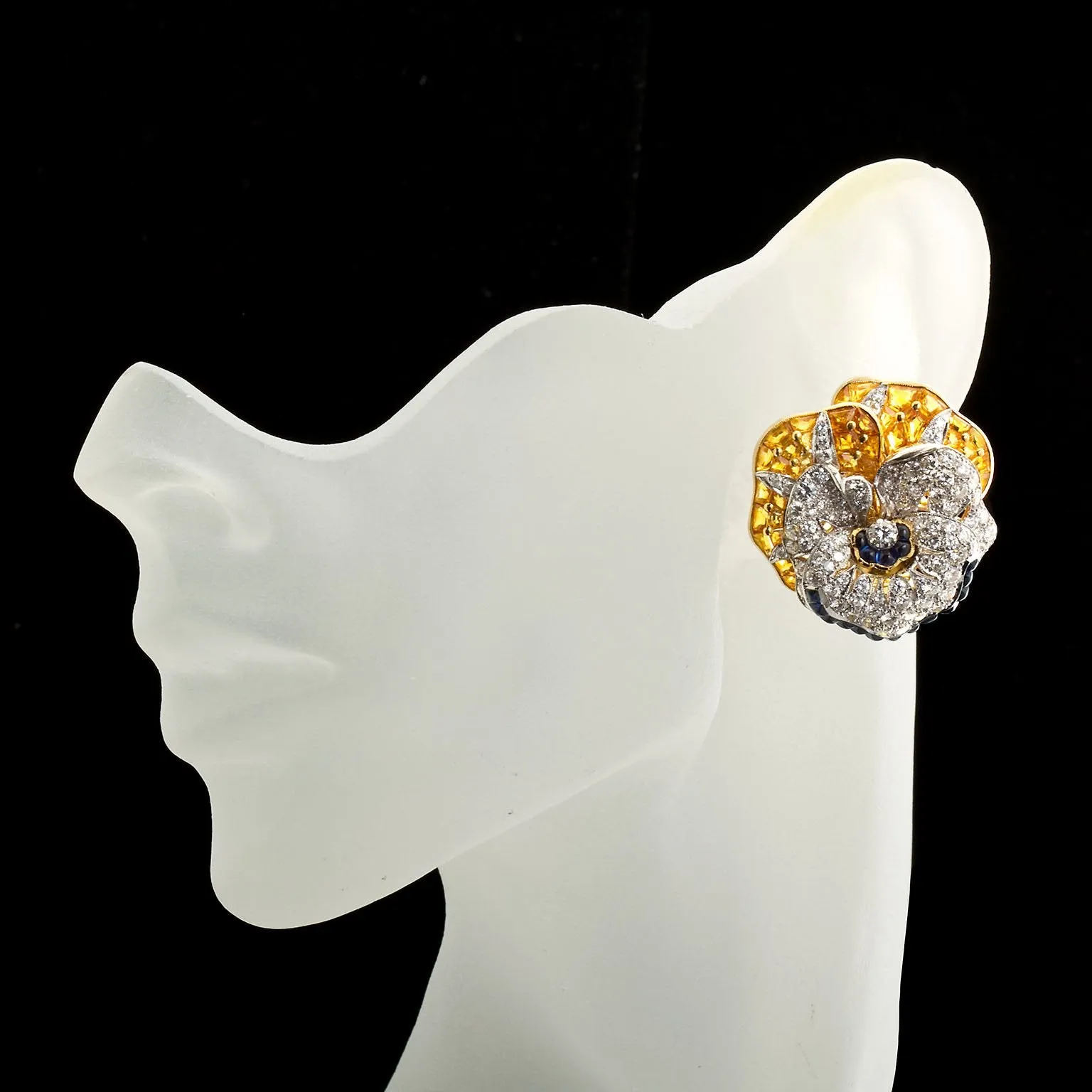 Oscar Heyman Diamond Blue Yellow Sapphire Pansy Earrings