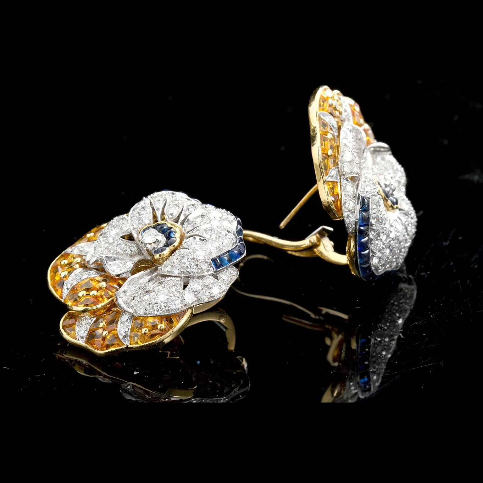 Oscar Heyman Diamond Blue Yellow Sapphire Pansy Earrings
