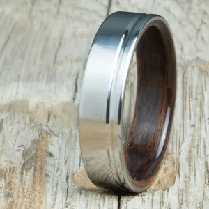 Polished titanium wedding band with Rosewood interior