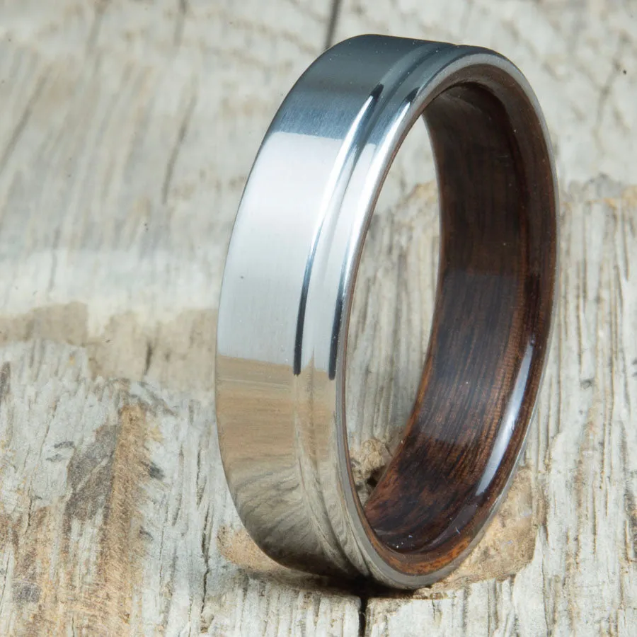 Polished titanium wedding band with Rosewood interior