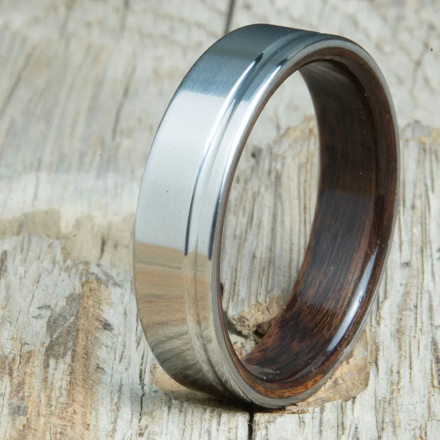 Polished titanium wedding band with Rosewood interior