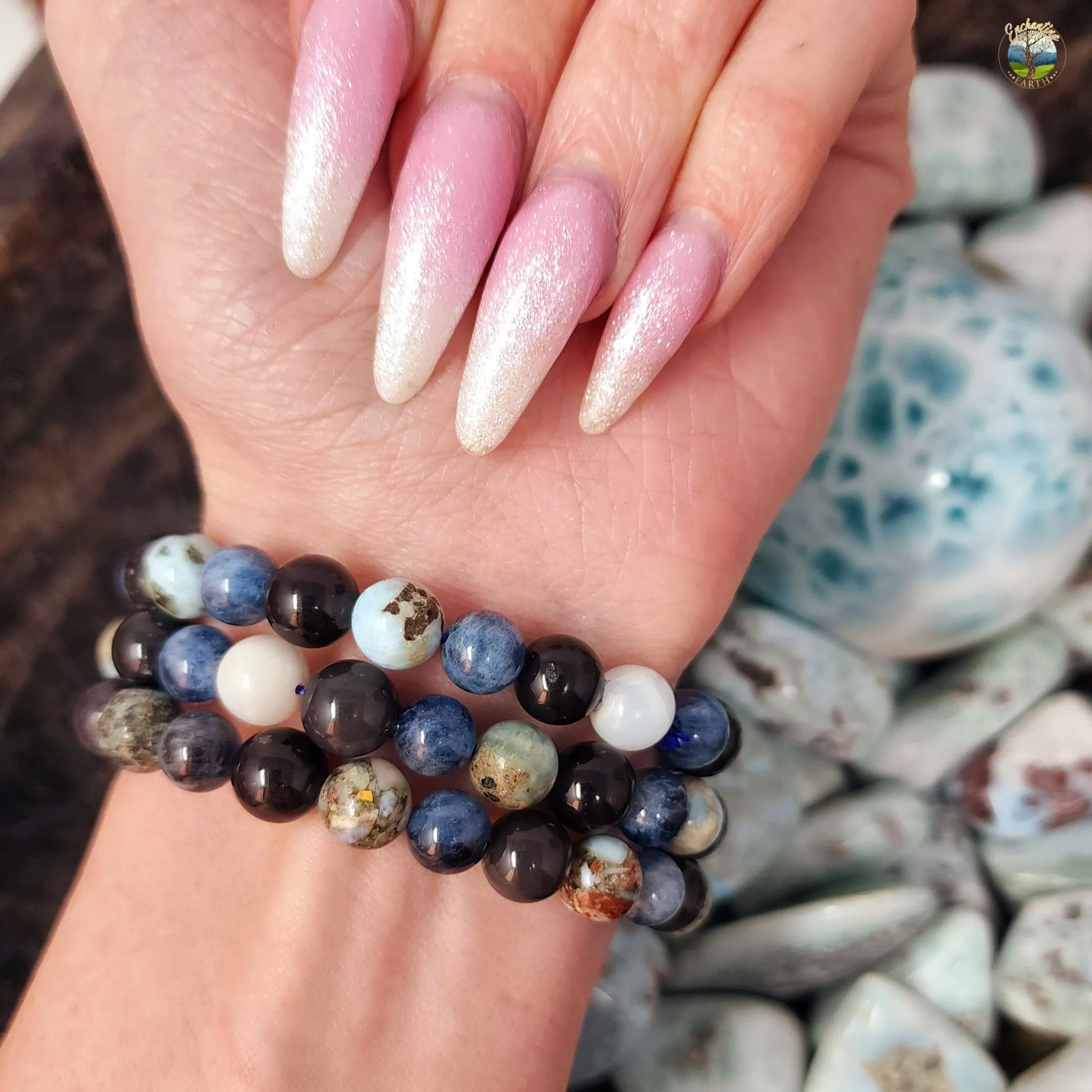 Poseidon Shadow Bracelet (Agni Manitite, Aquamarine with Biotite & Larimar with Iron)