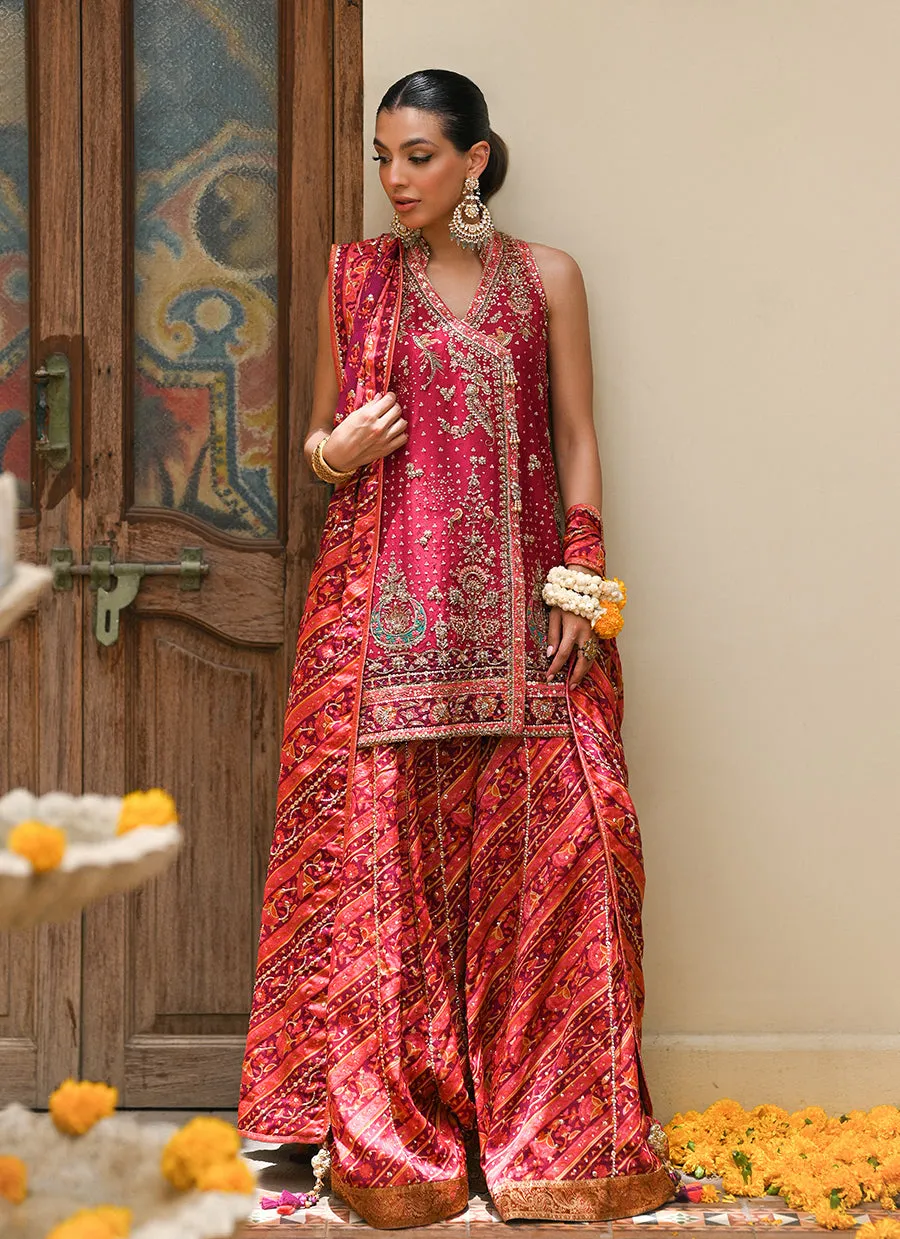 Primrose crimson angharkha, embellished do-paincha dhakha and block print dupatta