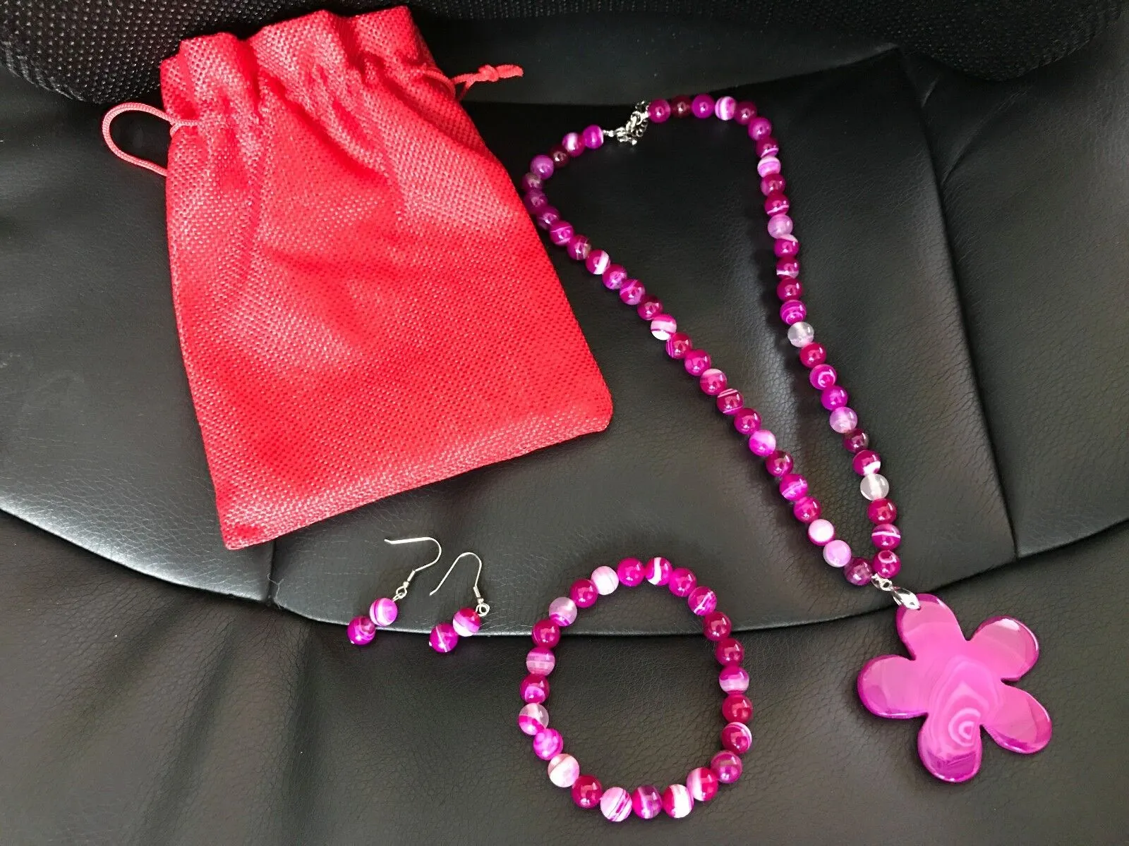 PURPLE AGATE SET OF NECKLACE   STRETCHABLE BRACELET   EARRING