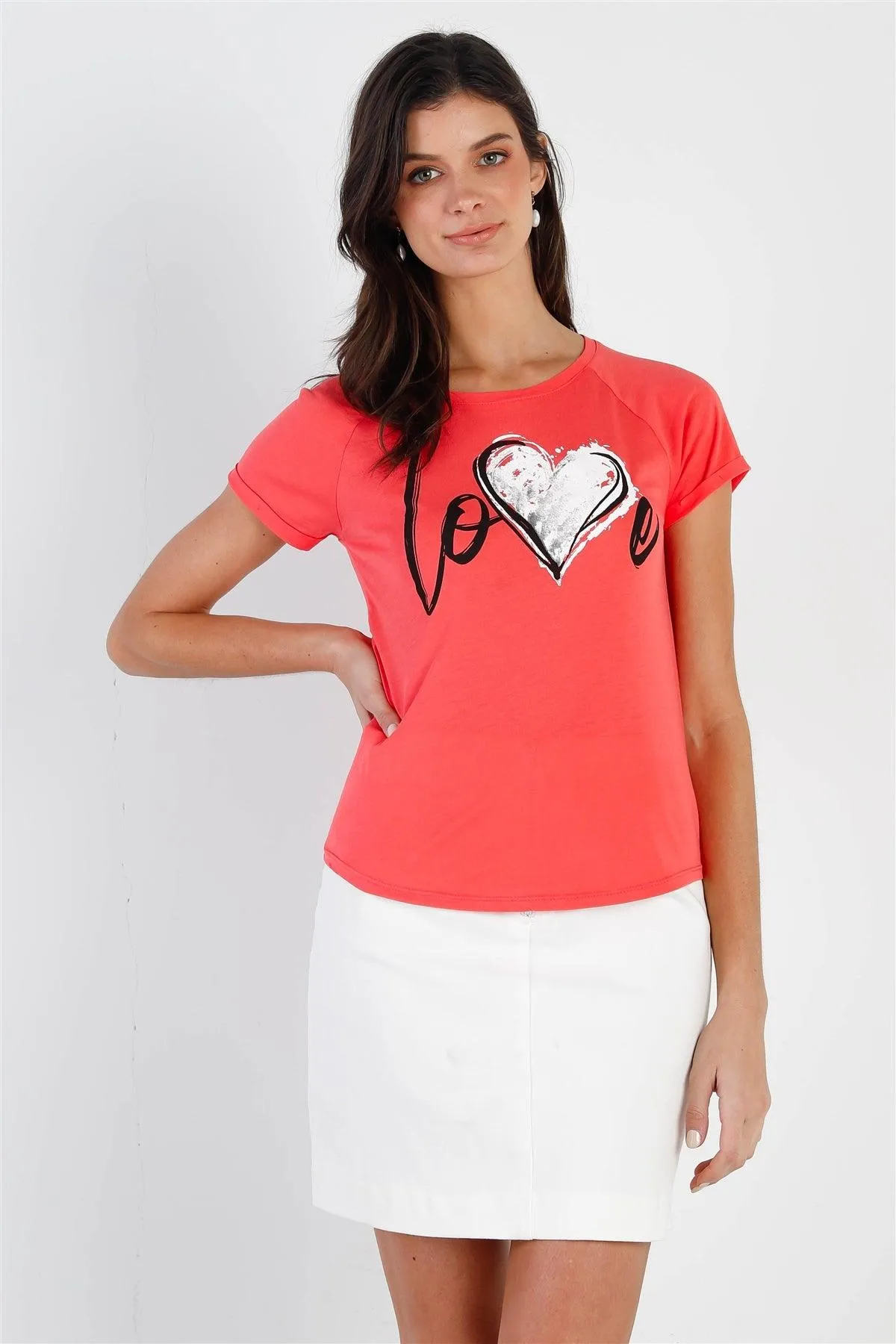 "Love" Print Coral Short Sleeve T-Shirt Top /2-2-2