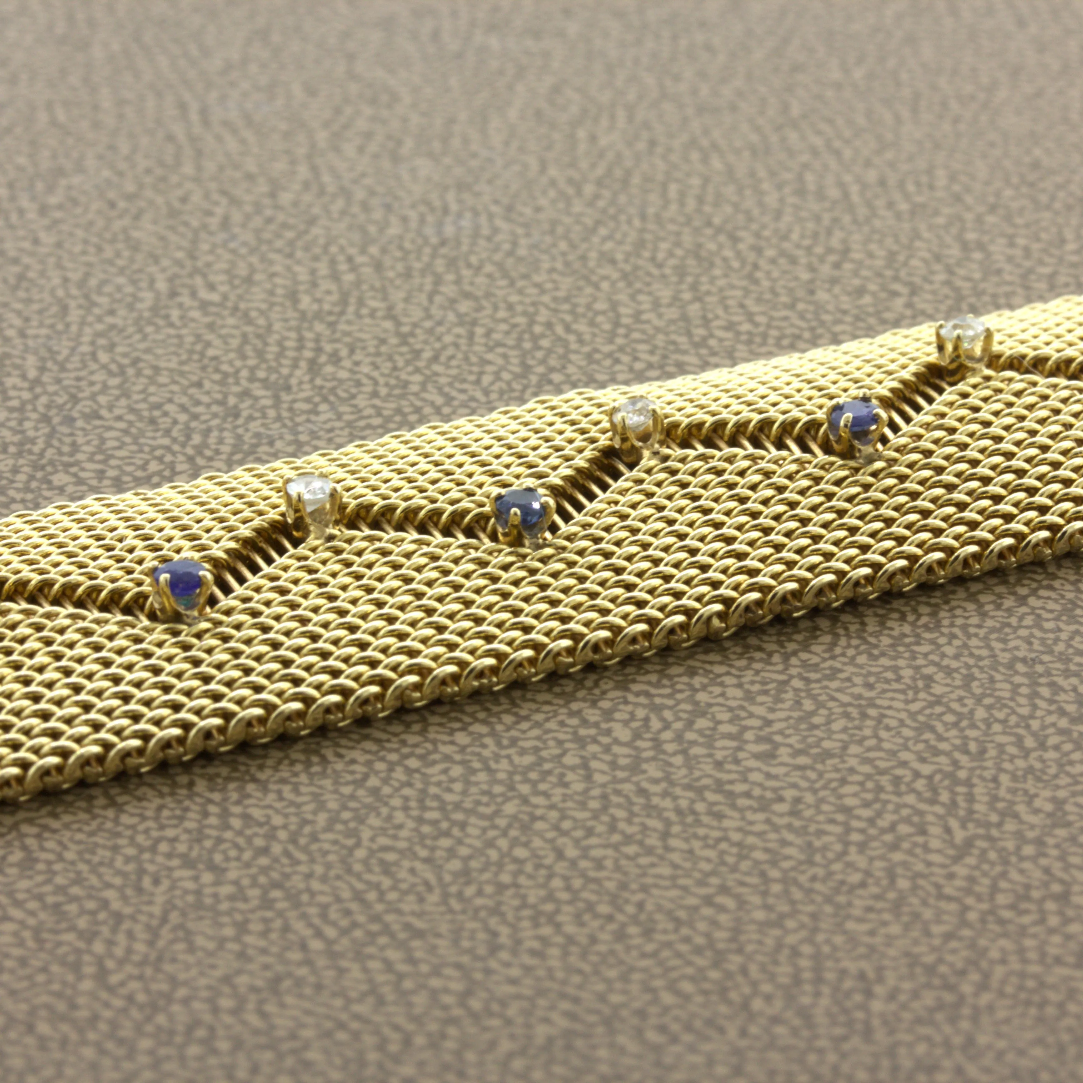 Retro Diamond Sapphire 14k Yellow Gold Mesh Bracelet