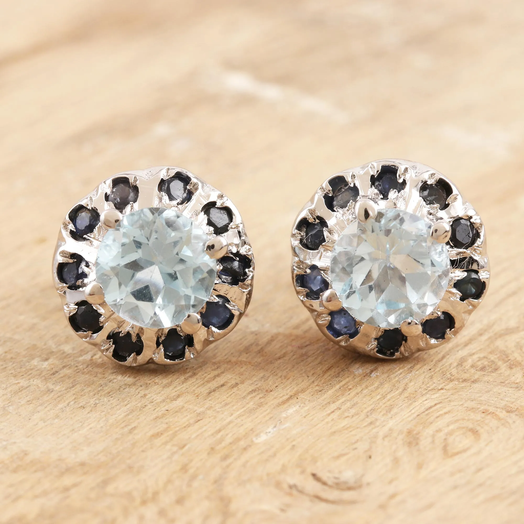 Rhodium-Plated Blue Topaz and Sapphire Stud Earrings - Blue Fire | NOVICA