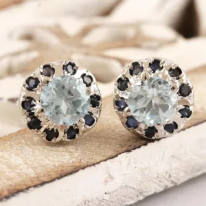 Rhodium-Plated Blue Topaz and Sapphire Stud Earrings - Blue Fire | NOVICA