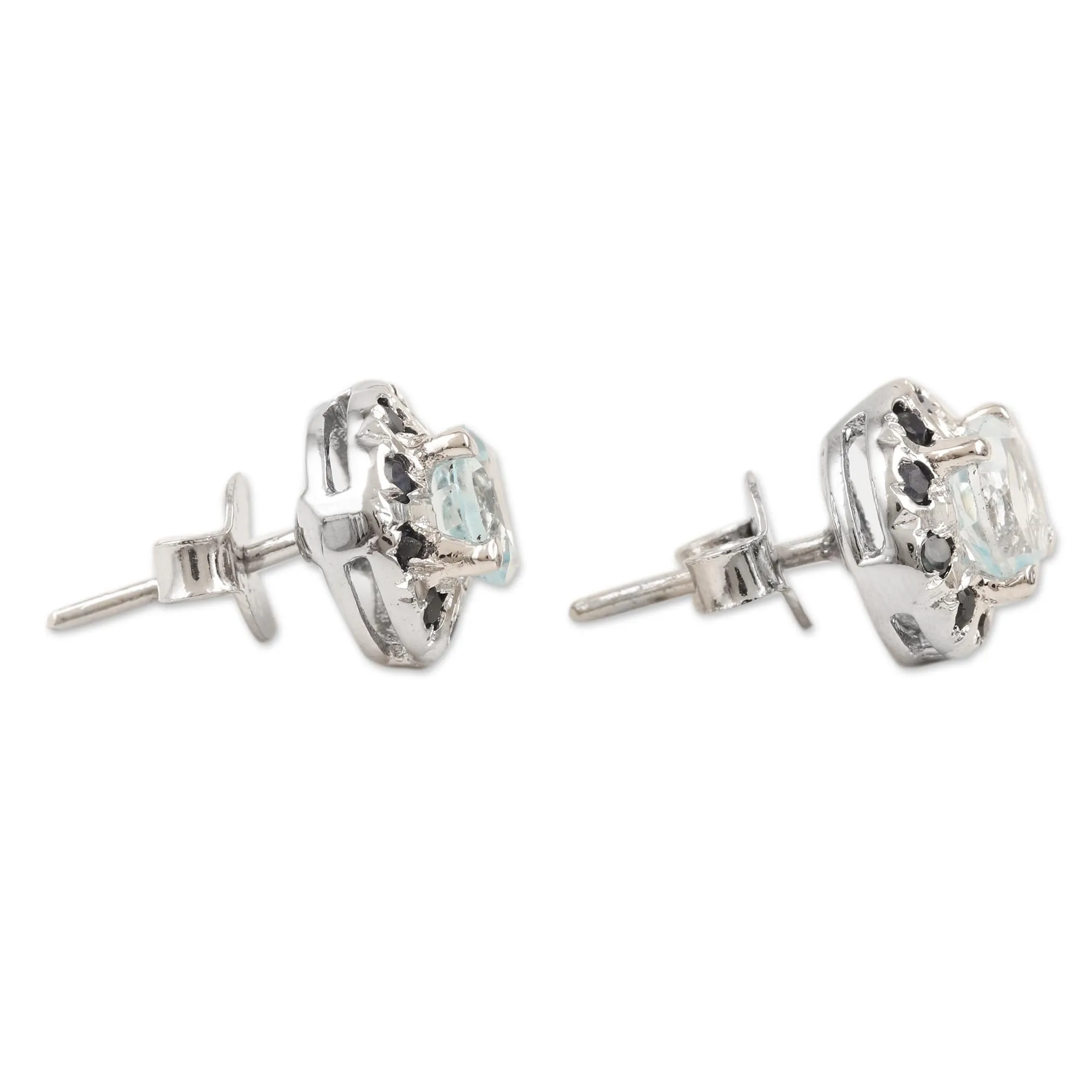 Rhodium-Plated Blue Topaz and Sapphire Stud Earrings - Blue Fire | NOVICA