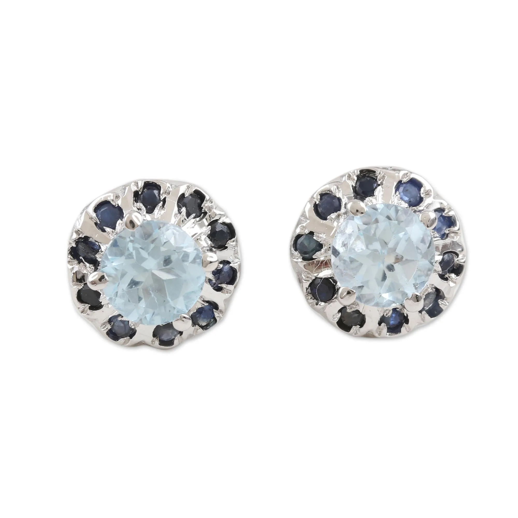 Rhodium-Plated Blue Topaz and Sapphire Stud Earrings - Blue Fire | NOVICA