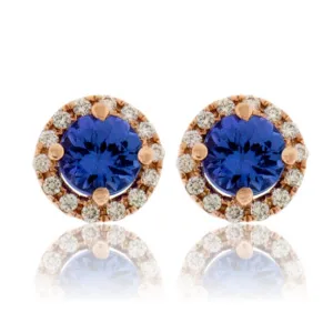 Round-Cut Tanzanite with Diamond Halo Stud Earrings
