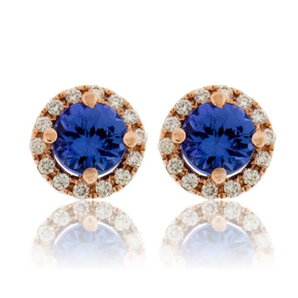 Round-Cut Tanzanite with Diamond Halo Stud Earrings
