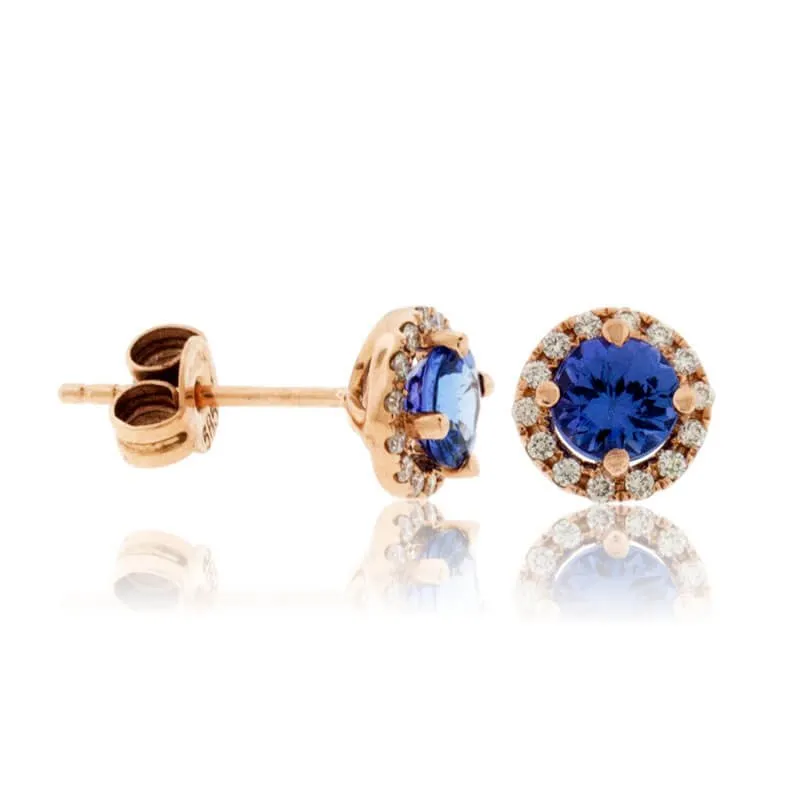 Round-Cut Tanzanite with Diamond Halo Stud Earrings