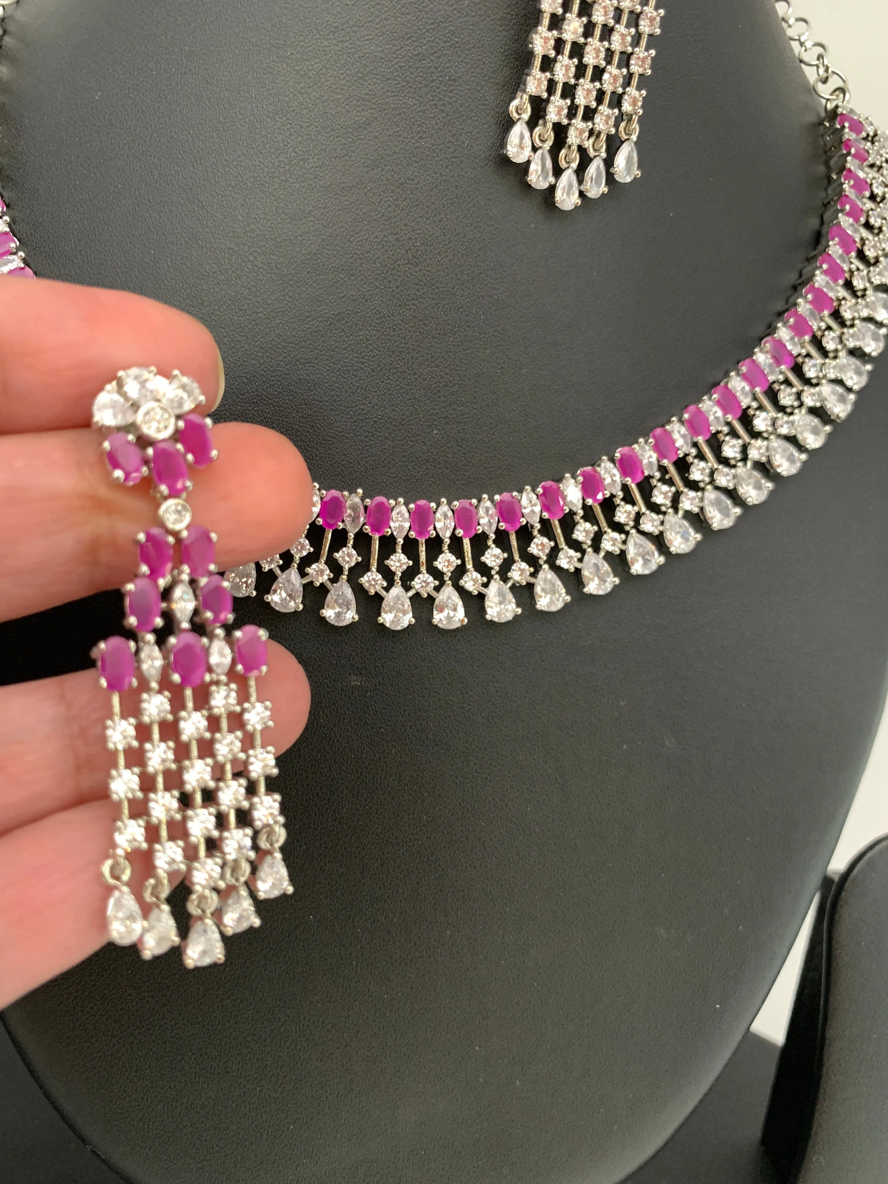 Ruby Red Stone AD Silver Polish Neckline Short Necklace