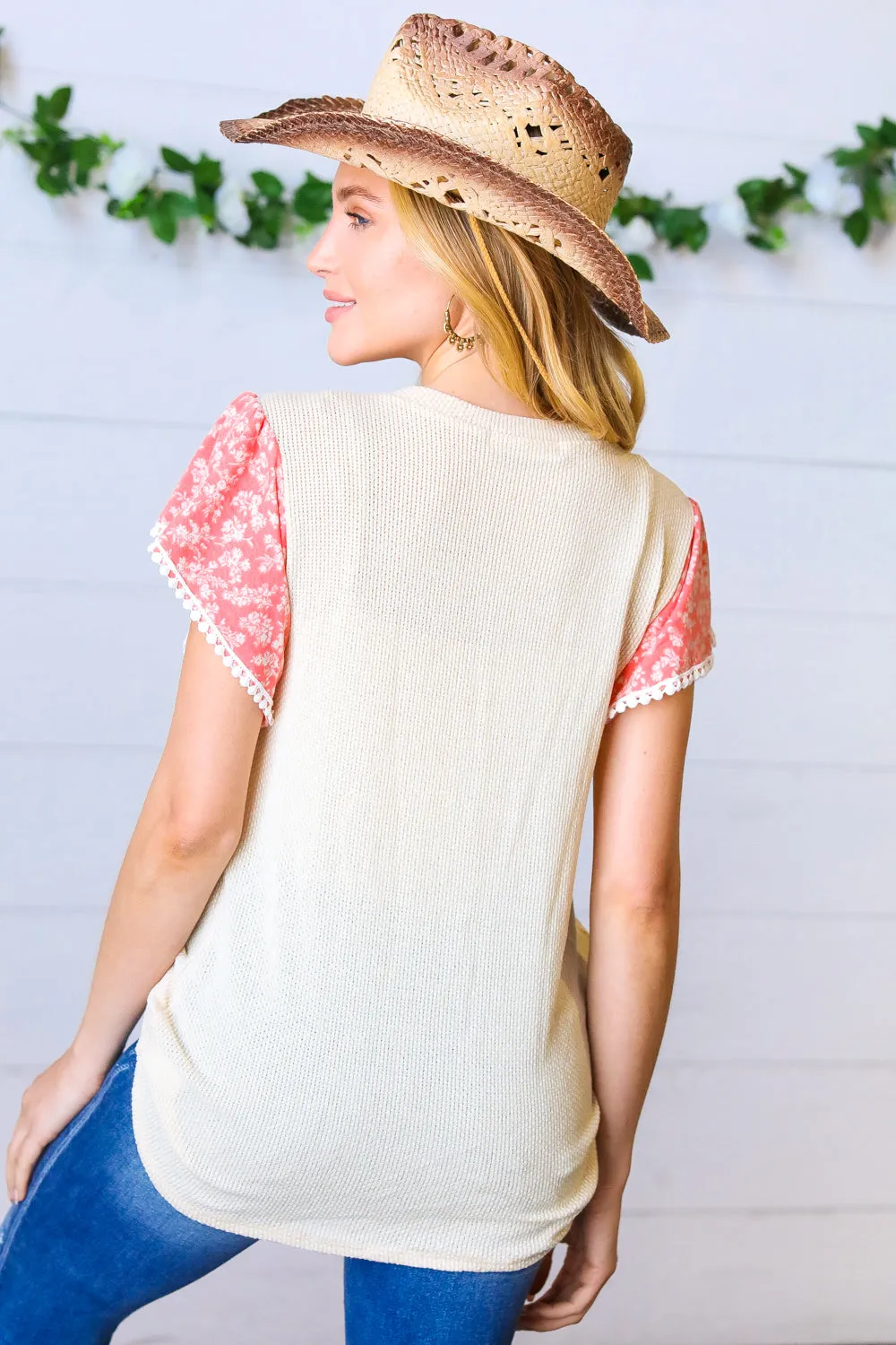 Sand Coral Floral Lace Flutter Sleeve Top
