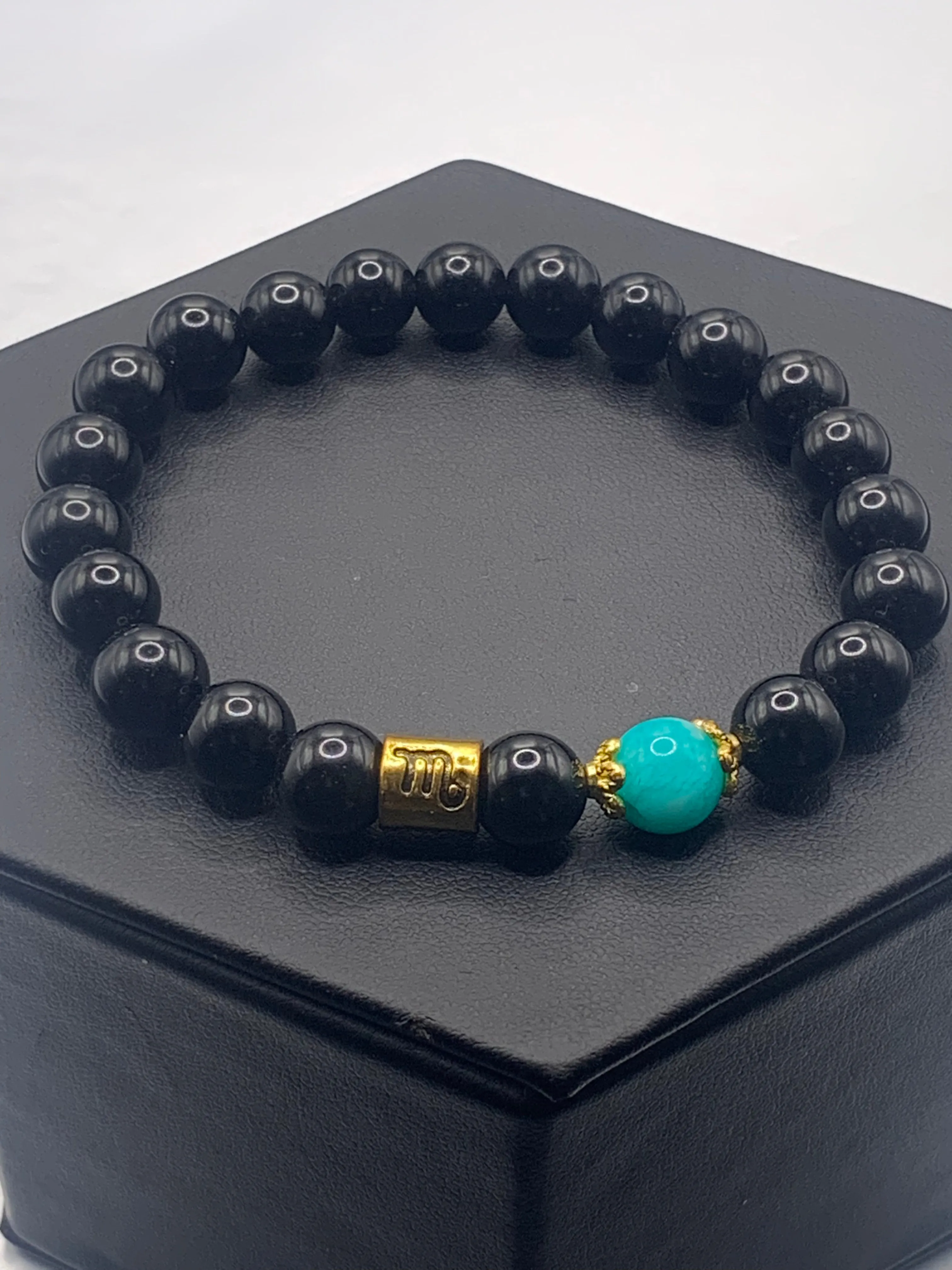 Scorpio Zodiac black obsidian with aquamarine chalcedony semi precious stone/crystal elastic beaded bracelet with gold accents