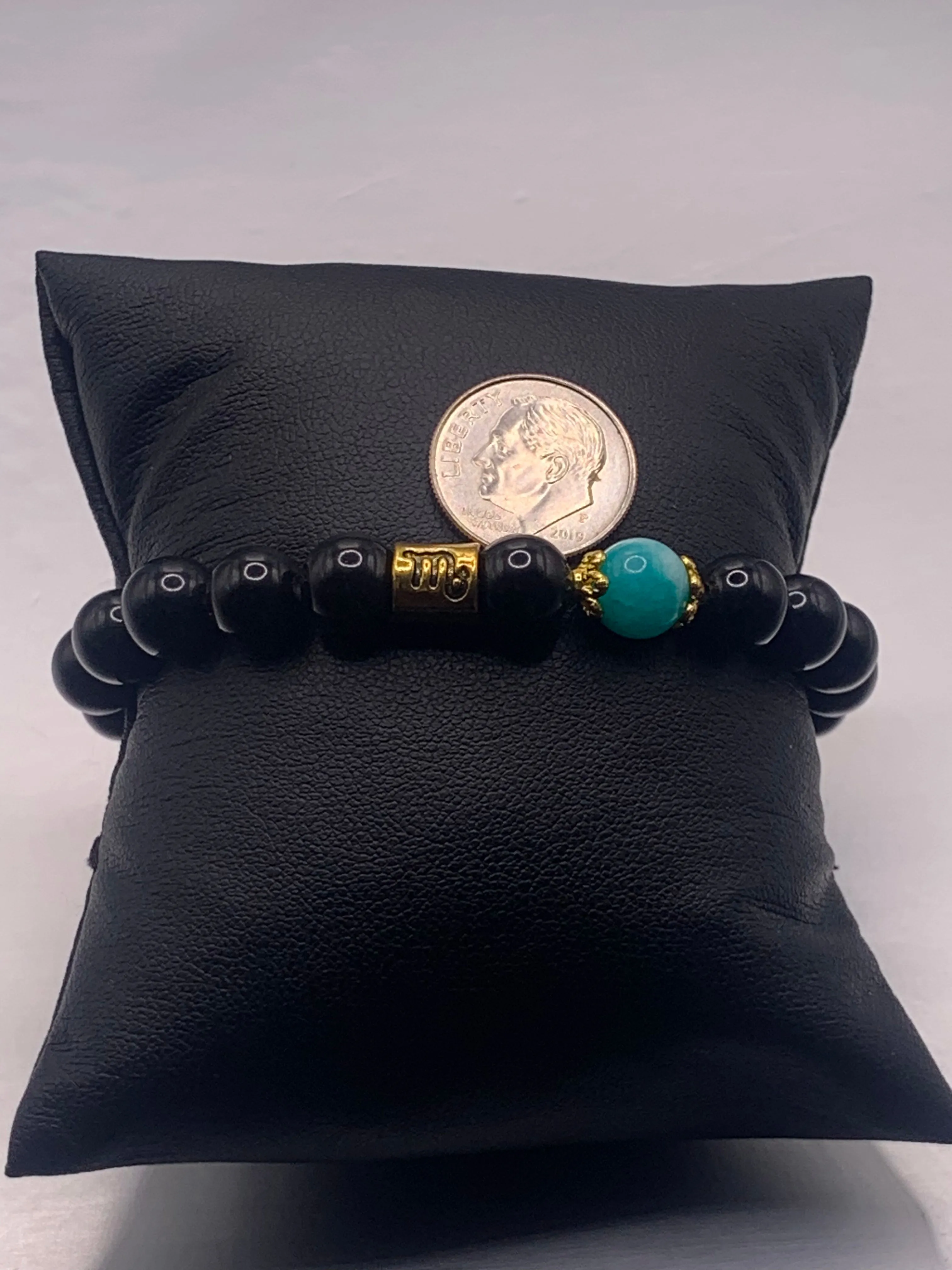 Scorpio Zodiac black obsidian with aquamarine chalcedony semi precious stone/crystal elastic beaded bracelet with gold accents