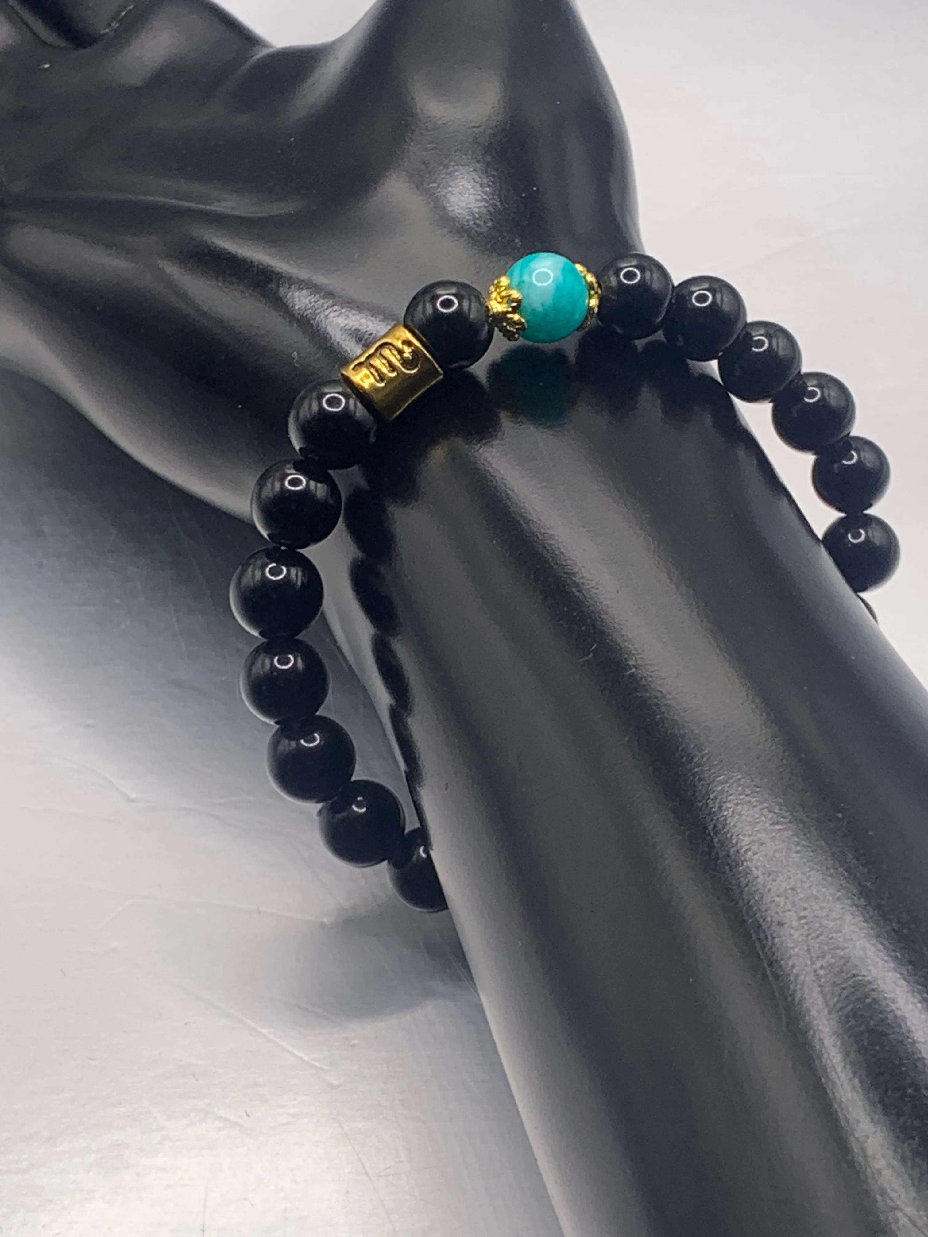 Scorpio Zodiac black obsidian with aquamarine chalcedony semi precious stone/crystal elastic beaded bracelet with gold accents