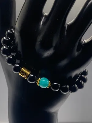Scorpio Zodiac black obsidian with aquamarine chalcedony semi precious stone/crystal elastic beaded bracelet with gold accents