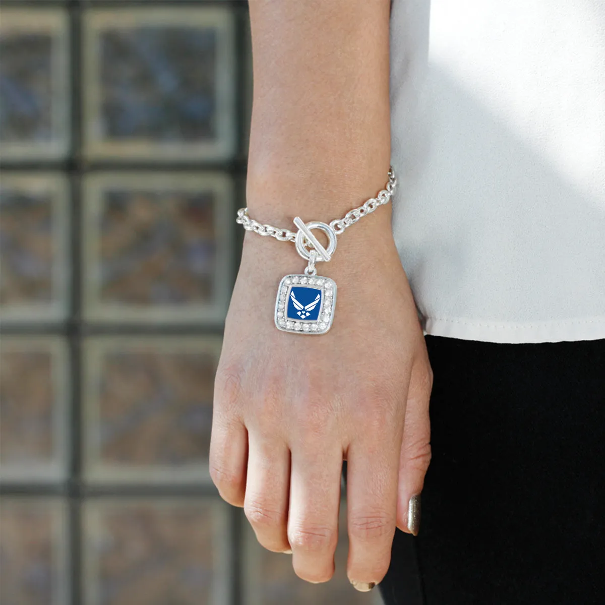 Silver Air Force Symbol Square Charm Toggle Bracelet