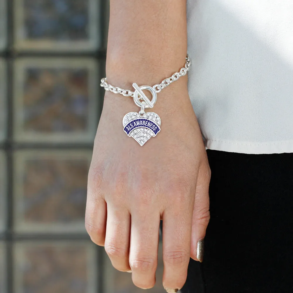 Silver ALS Awareness Pave Heart Charm Toggle Bracelet
