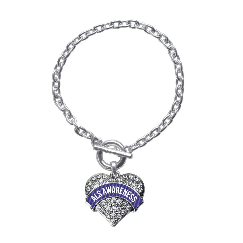 Silver ALS Awareness Pave Heart Charm Toggle Bracelet