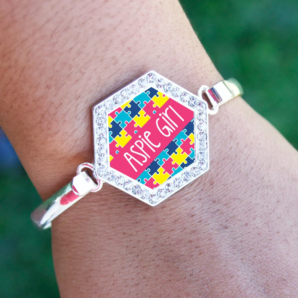 Silver Aspie Girl Hexagon Charm Bangle Bracelet