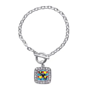 Silver Autism Mom Square Charm Toggle Bracelet