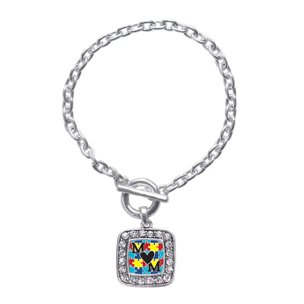 Silver Autism Mom Square Charm Toggle Bracelet