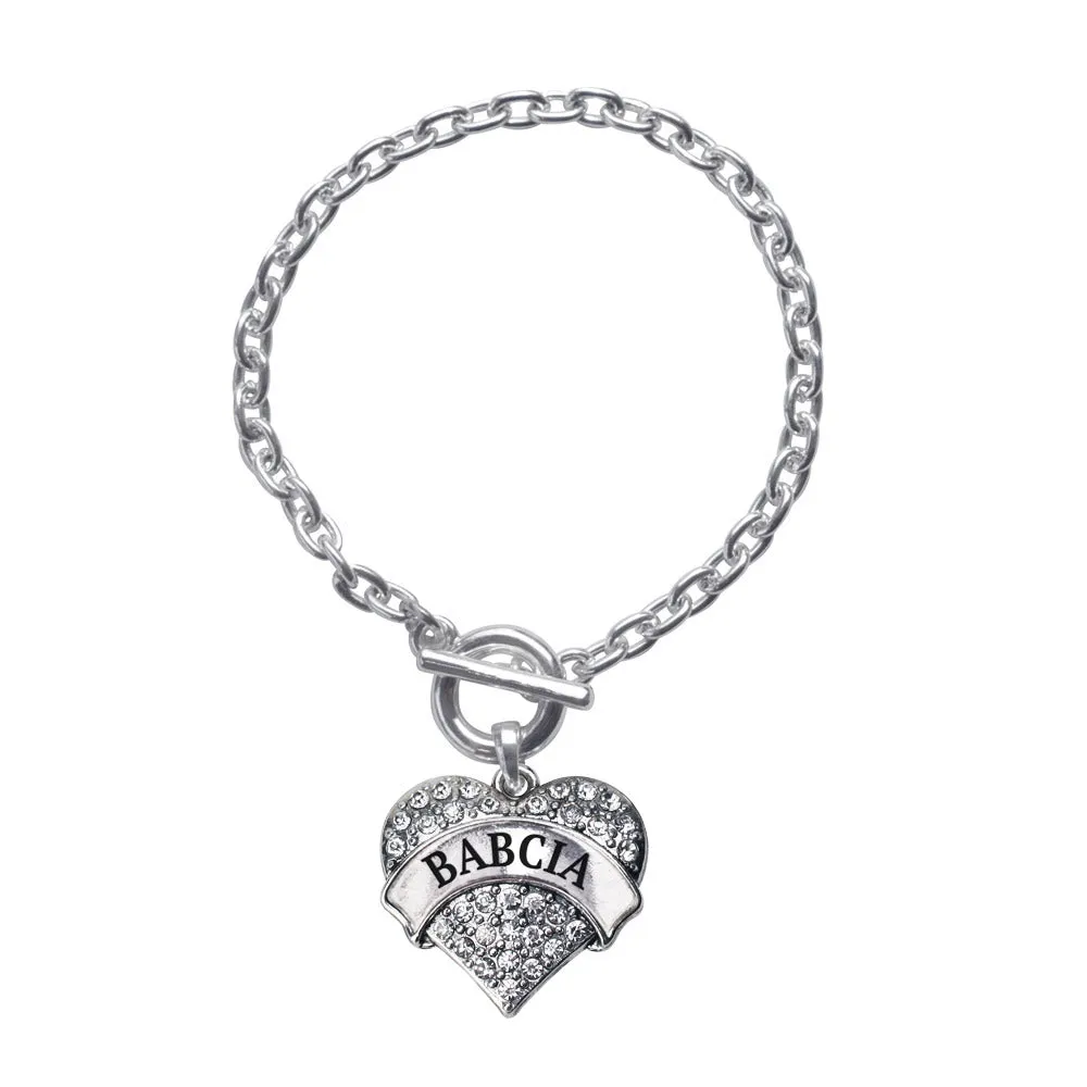 Silver Babcia Pave Heart Charm Toggle Bracelet