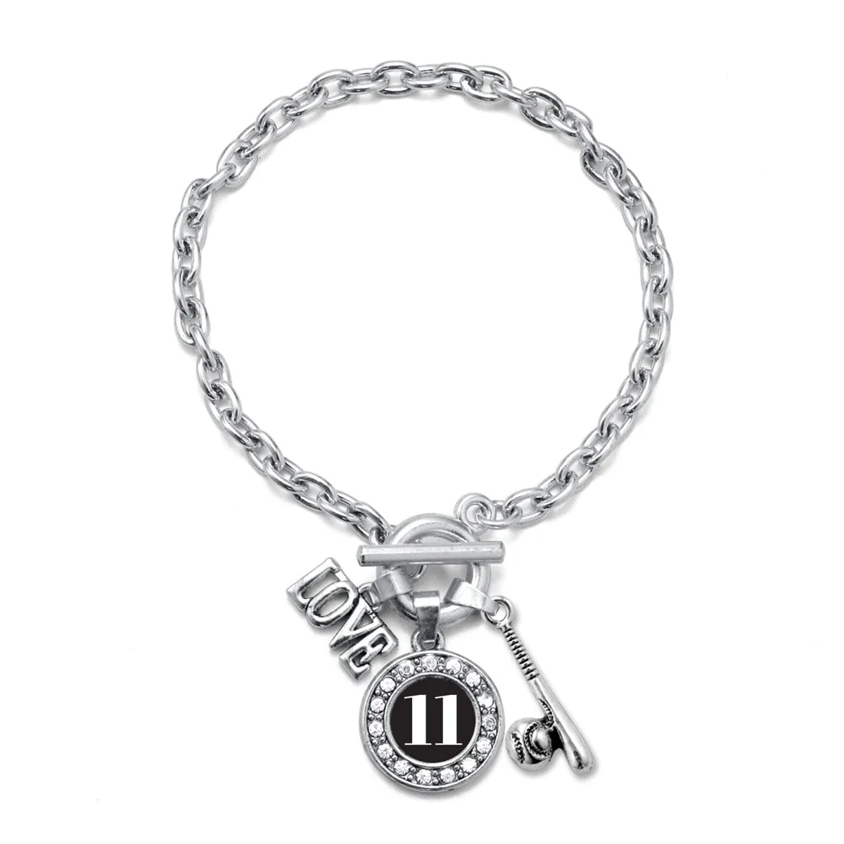 Silver Baseball Bat - Sports Number 11 Circle Charm Toggle Bracelet