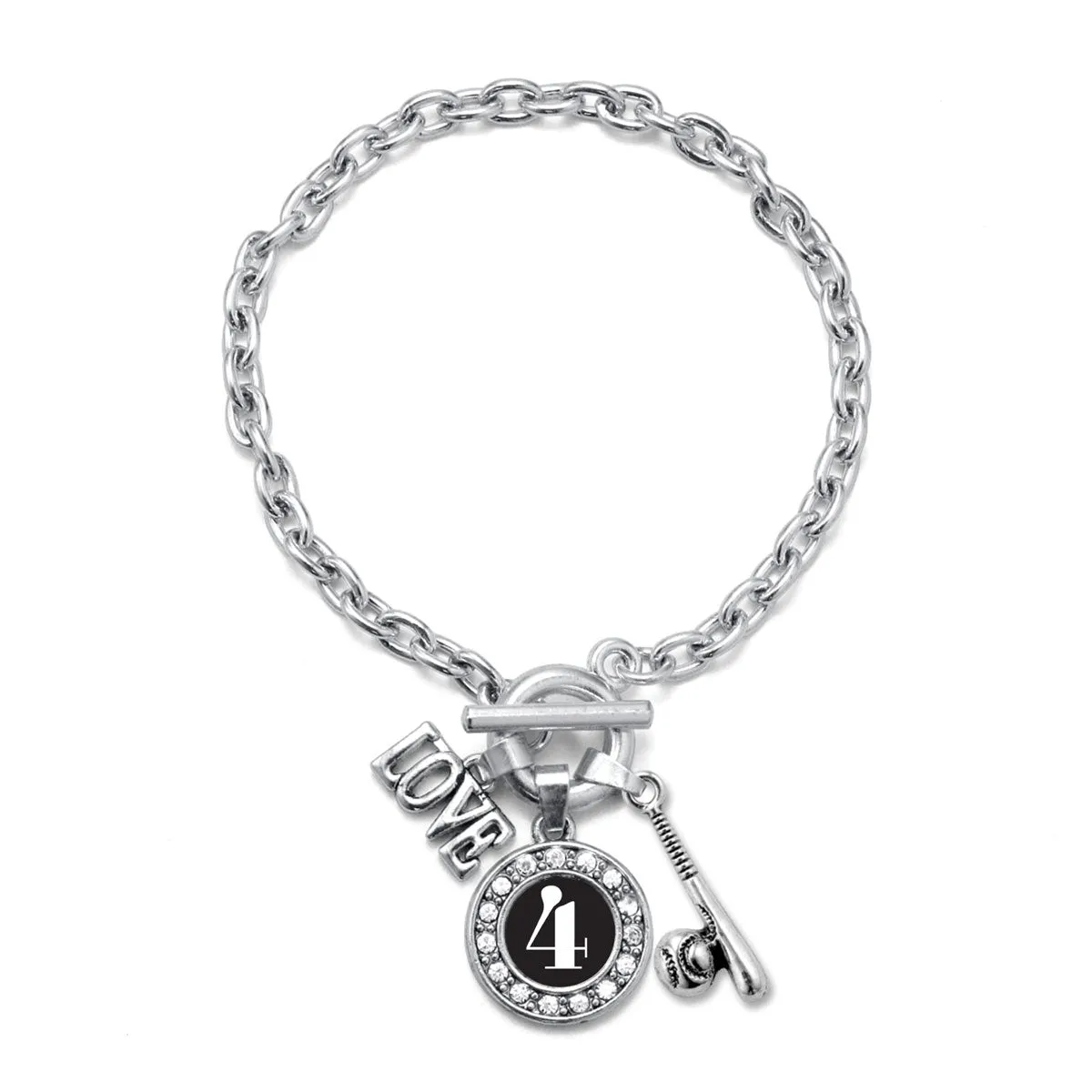 Silver Baseball Bat - Sports Number 4 Circle Charm Toggle Bracelet