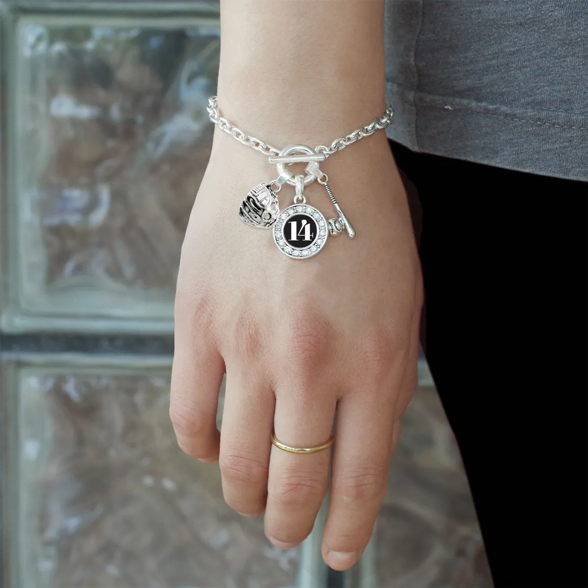 Silver Baseball/Softball - Sports Number 14 Circle Charm Toggle Bracelet